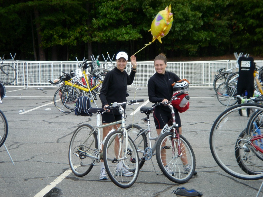 This was me with my borrowed mountain bike during my first sprint triathlon in 2006.