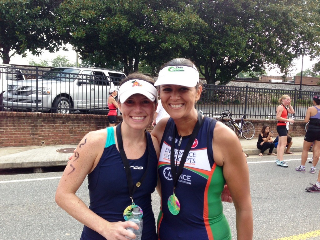 My pal Andrea and I after the race. She is doing Ironman Wisconsin this year.