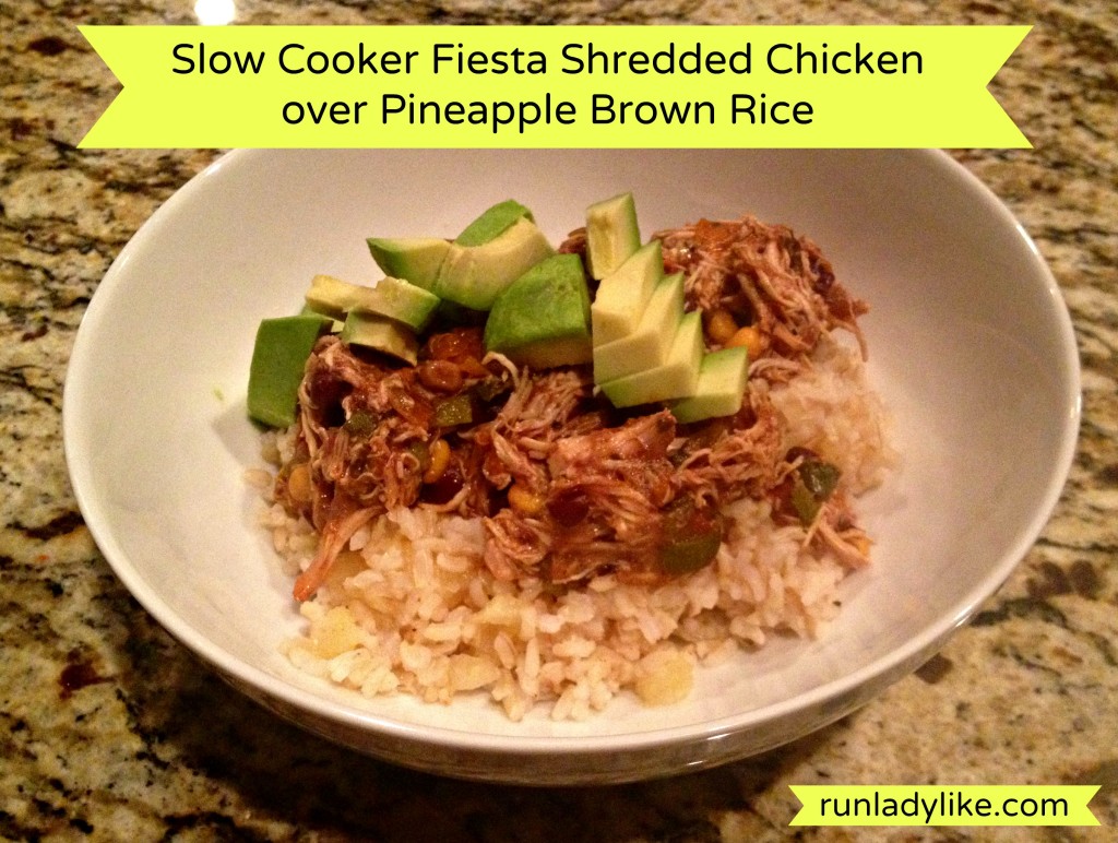 Slow Cooker Fiesta Shredded Chicken over Pineapple Brown Rice from runladylike.com