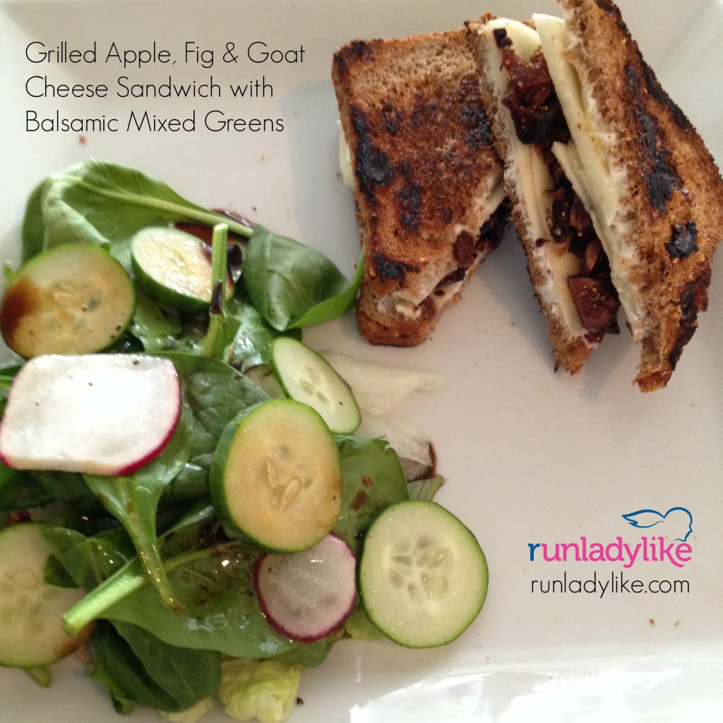 Grilled apple, fig & goat cheese sandwich with balsamic mixed greens on runladylike.com